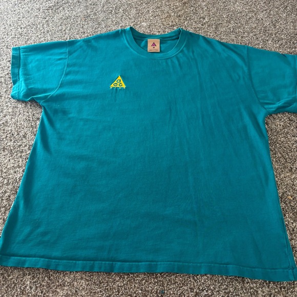 Nike ACG Teal Blue Yellow Embroidered Triangle Logo Short Sleeve Mens T-Shirt XL - Picture 5 of 6